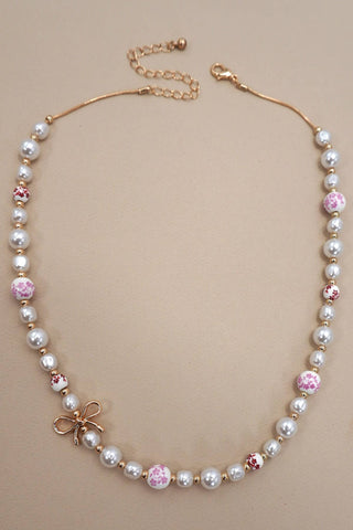 PINK CERAMIC PORCELAIN PEARL BOW NECKLACE