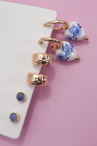 BLUE CERAMIC PORCELAIN TRIO HUGGIE HOOP EARRINGS 3