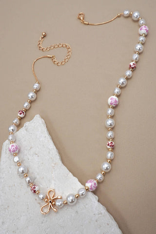 PINK CERAMIC PORCELAIN PEARL BOW NECKLACE