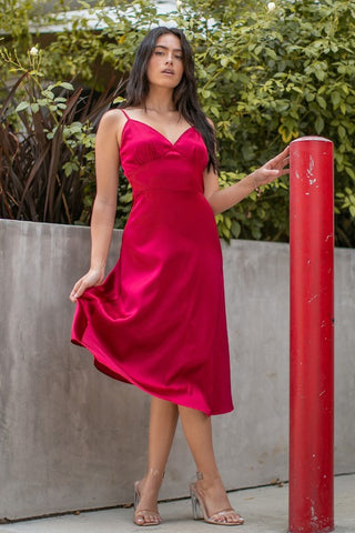 Left Him on Red Satin Midi Dress