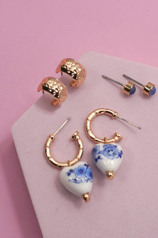 BLUE CERAMIC PORCELAIN TRIO HUGGIE HOOP EARRINGS 3