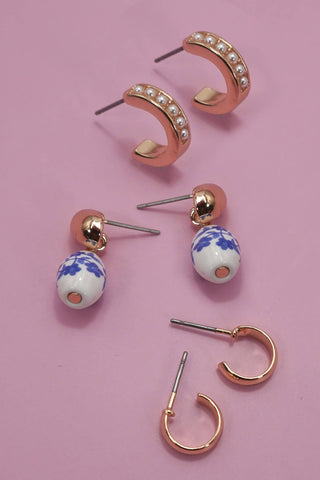 BLUE CERAMIC PORCELAIN TRIO HUGGIE HOOP EARRINGS 2