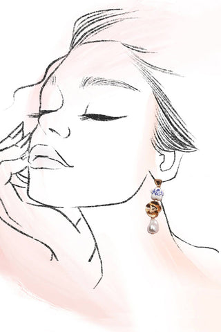 BLUE CERAMIC PORCELAIN  GOLD PEARL DROP EARRINGS