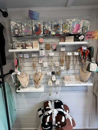 Inside view of accessories wall inside boutique trailer