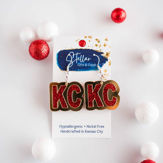Red Glitter & Gold Mirror KC Dangles - Kansas City Football