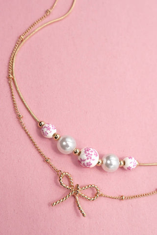 PINK CERAMIC PORCELAIN PEARL BOW LAYER NECKLACE