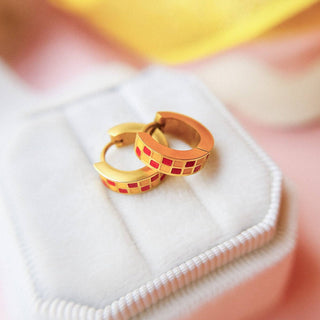 Red & Yellow Checkered Huggie Hoops