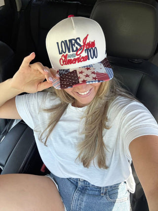 Loves Jesus & America Too Patchwork Trucker Hat