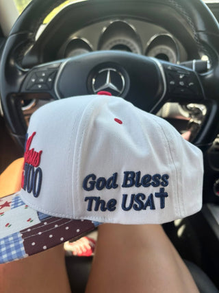 Loves Jesus & America Too Patchwork Trucker Hat