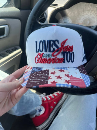 Loves Jesus & America Too Patchwork Trucker Hat