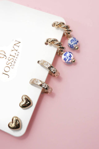 BLUE CERAMIC PORCELAIN TRIO HUGGIE HOOP EARRINGS 1