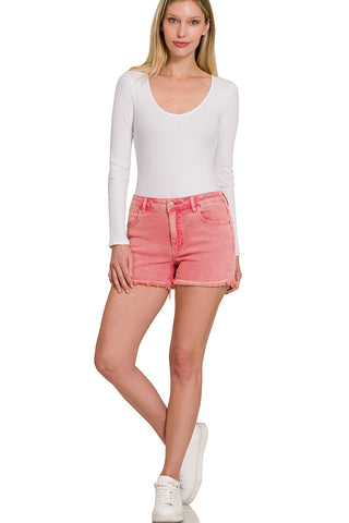 WASHED FRAYED CUTOFF HEM SHORTS-ASH PINK
