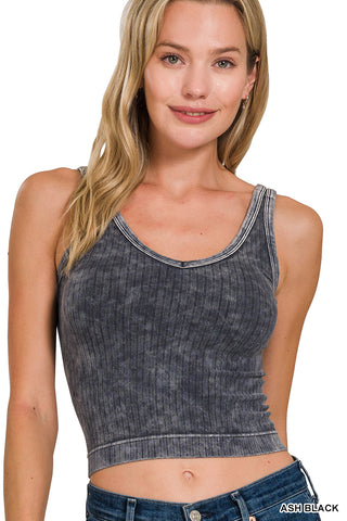 WASHED RIBBED CROPPED V-NECK TANK TOP