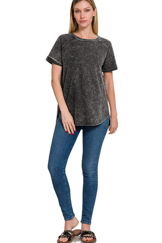 TERRY ACID WASH SHORT CUFF SLEEVE PULLOVER