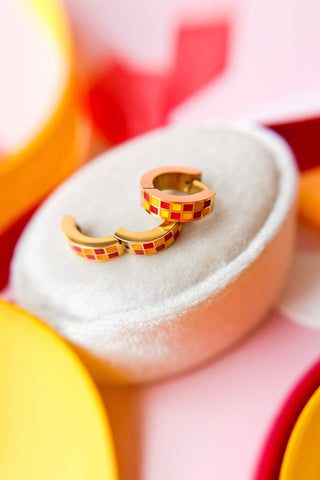 Red & Yellow Checkered Huggie Hoops
