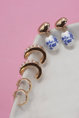 BLUE CERAMIC PORCELAIN TRIO HUGGIE HOOP EARRINGS 2