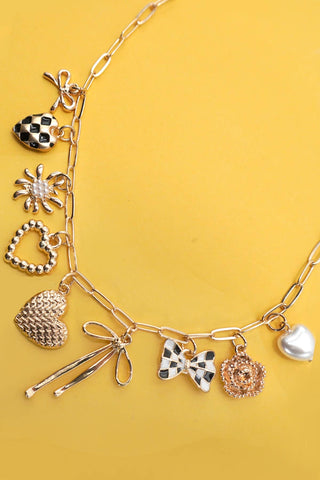Bow Checker Heart Charm Necklace