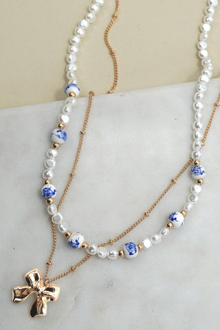 CERAMIC PORCELAIN PEARL BOW LAYER NECKLACE